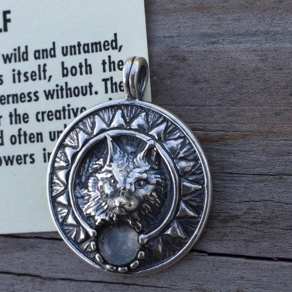 Viking Sun Wolf Pendant solid .925 Sterling Silver w/ genuine Moonstone gem USA - Picture 8 of 8